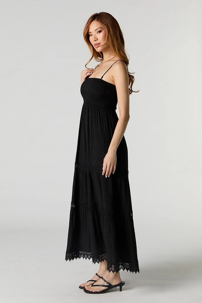 Crochet Trim Tiered Maxi Dress