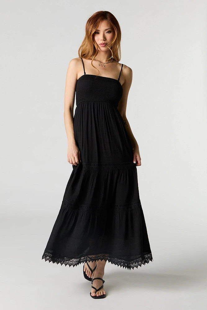 Crochet Trim Tiered Maxi Dress