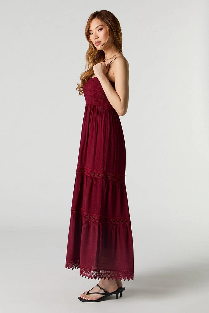 Crochet Trim Tiered Maxi Dress