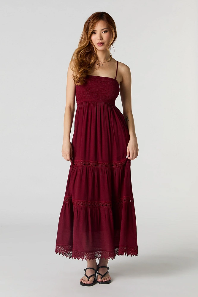 Crochet Trim Tiered Maxi Dress