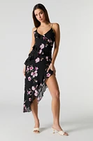 Floral Chiffon Ruffle Asymmetrical Midi Dress