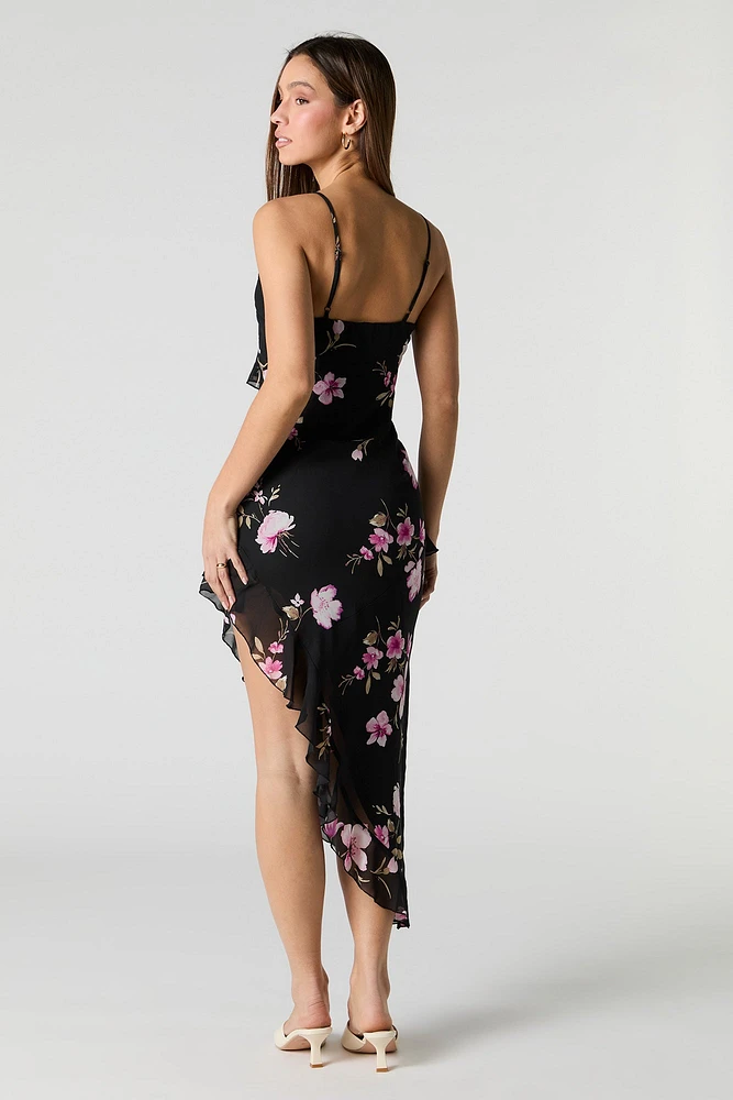 Floral Chiffon Ruffle Asymmetrical Midi Dress