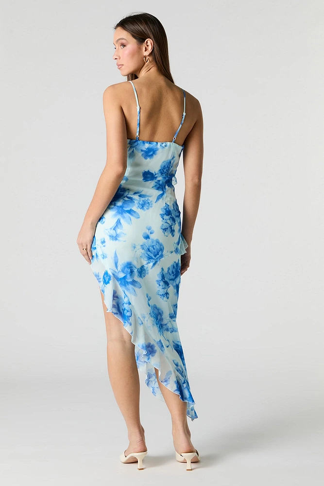 Robe midi asymétrique volantée en chiffon fleuri