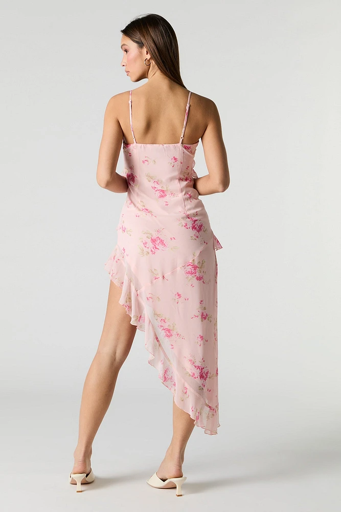 Floral Chiffon Ruffle Asymmetrical Midi Dress
