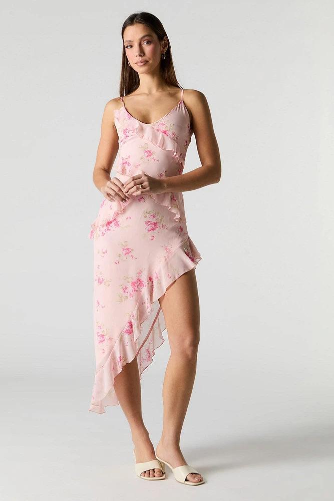 Floral Chiffon Ruffle Asymmetrical Midi Dress