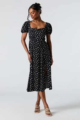 Floral Sweetheart Puff Sleeve Midi Dress