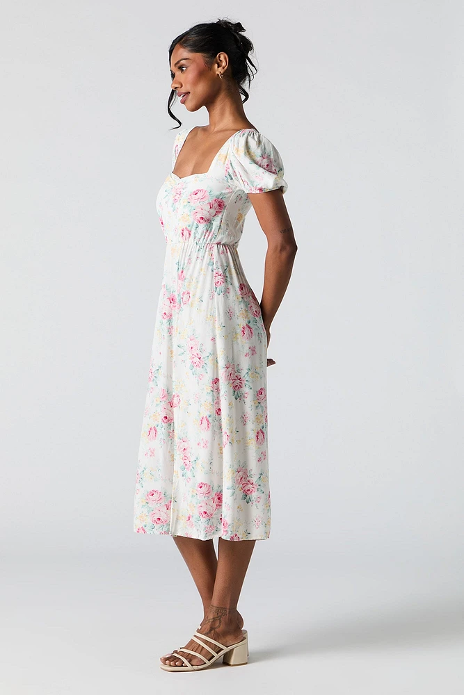 Robe midi fleurie à manches bouffantes et décolleté en coeur