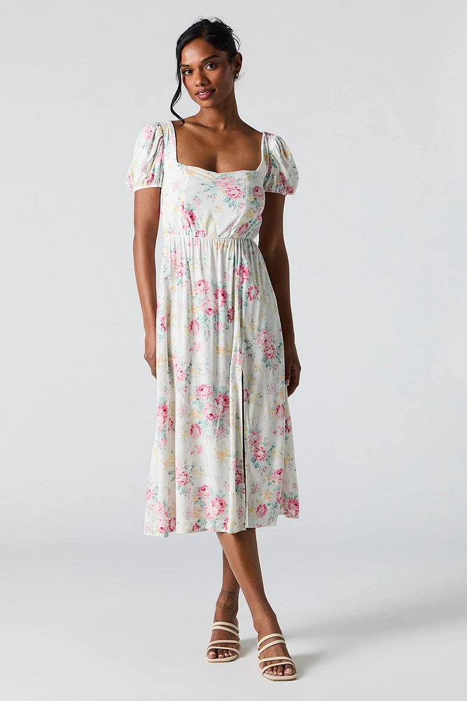 Robe midi fleurie à manches bouffantes et décolleté en coeur
