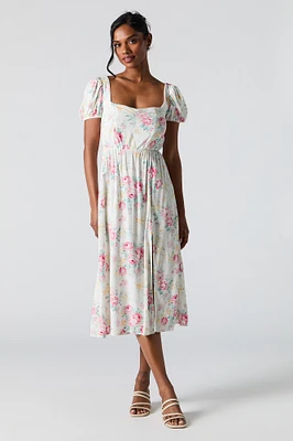 Robe midi fleurie à manches bouffantes et décolleté en coeur