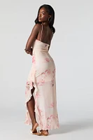 Floral Mesh Ruffled Slit Maxi Dress