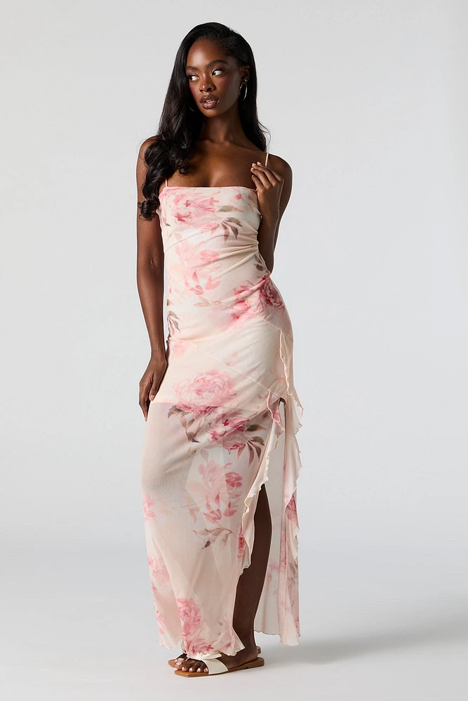 Floral Mesh Ruffled Slit Maxi Dress