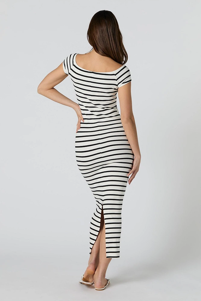 Striped Ribbed Off Shoulder Maxi Dress