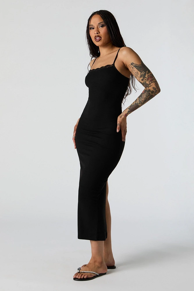 Ribbed Lace Trim Bodycon Maxi Dress