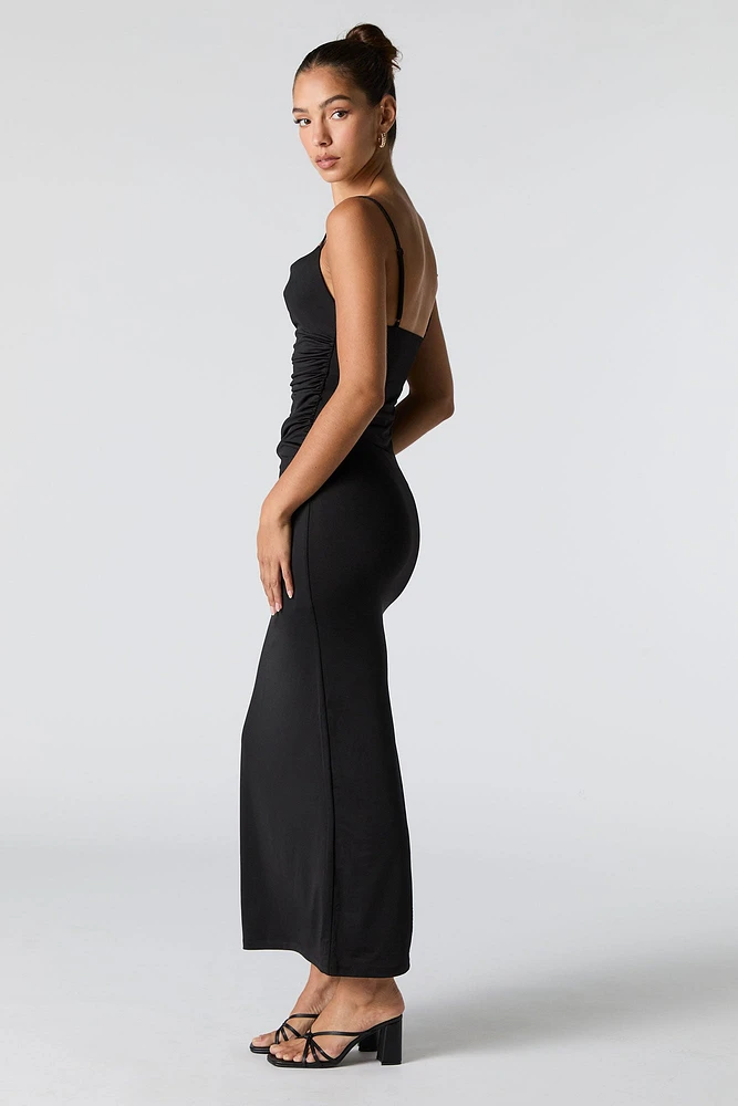 Ruched Cowl Neck Slit Back Maxi Dress