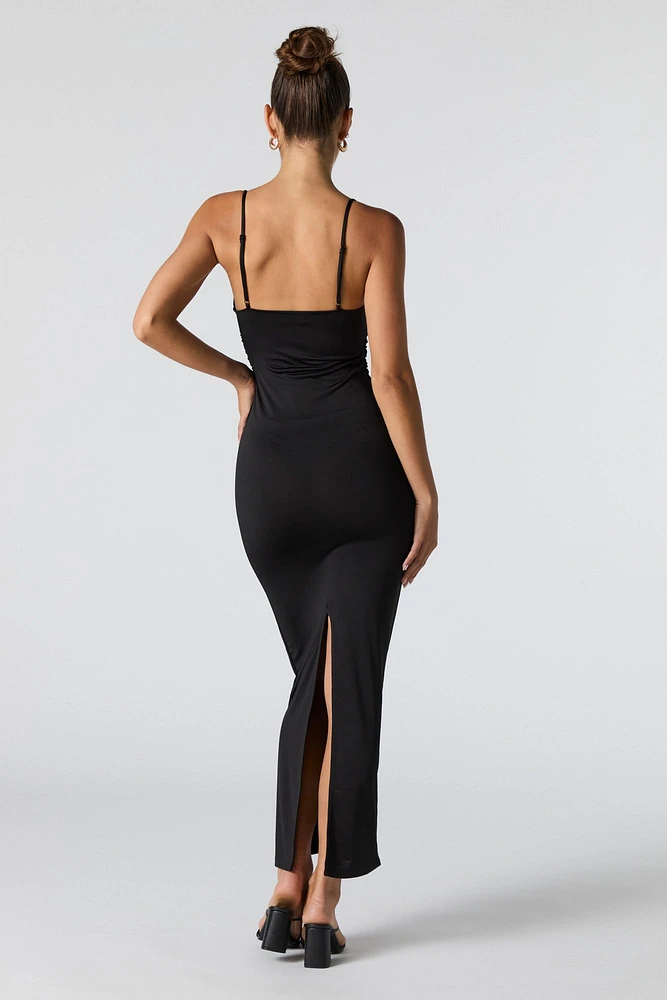 Ruched Cowl Neck Slit Back Maxi Dress