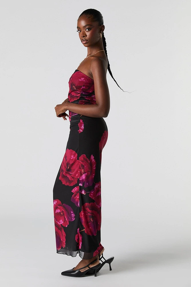 Mesh Ruched Strapless Maxi Dress