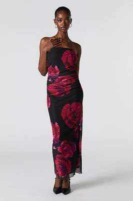 Mesh Ruched Strapless Maxi Dress
