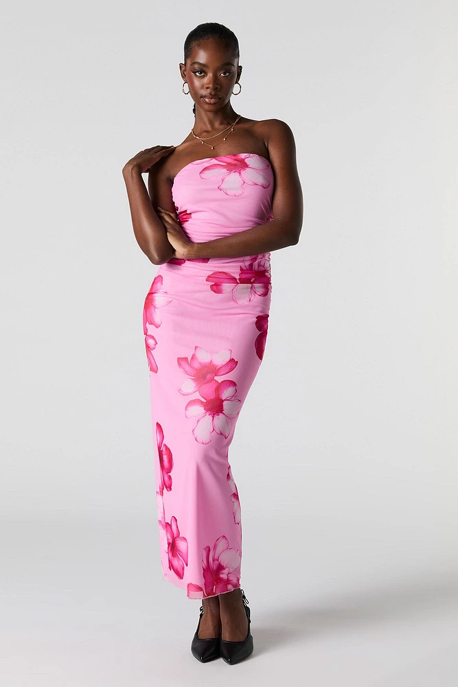Mesh Ruched Strapless Maxi Dress