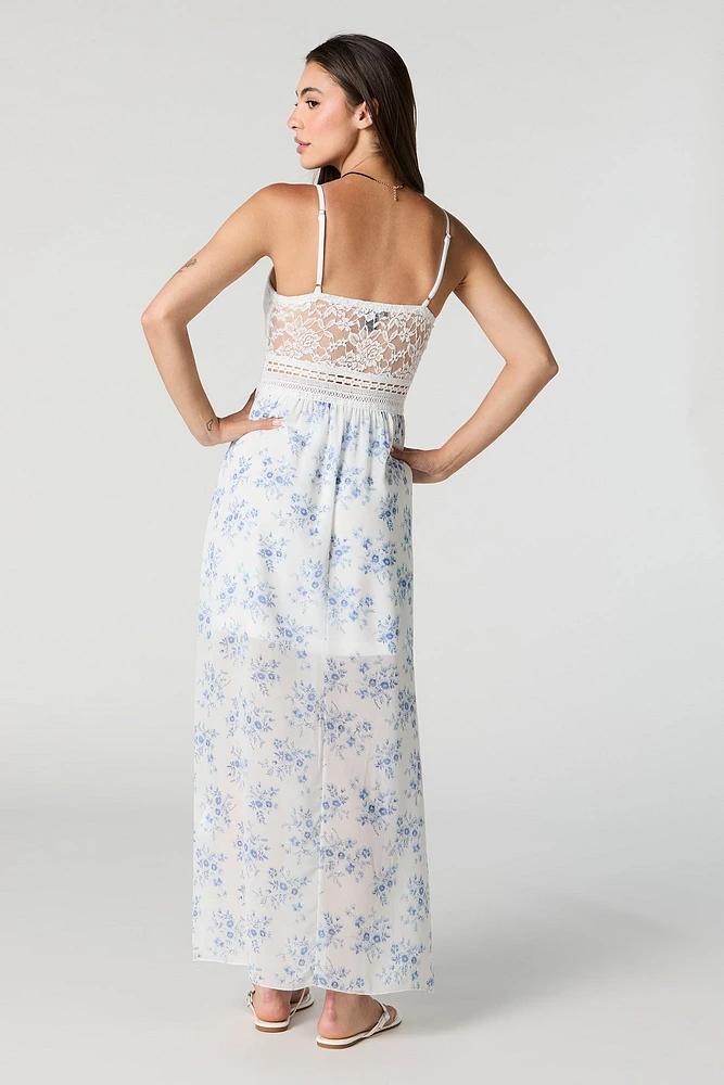 Floral Chiffon Lace Maxi Dress with Built-In Bra Cups