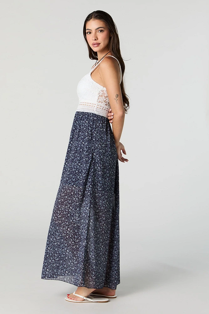 Floral Chiffon Lace Maxi Dress with Built-In Bra Cups
