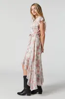 White Floral Print Self Tie High-Low Midi Dress