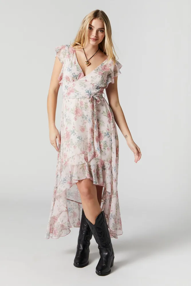 White Floral Print Self Tie High-Low Midi Dress