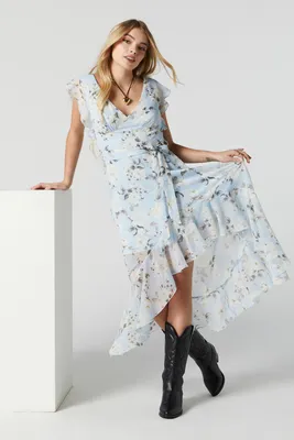 Floral Print Self Tie High-Low Midi Dress