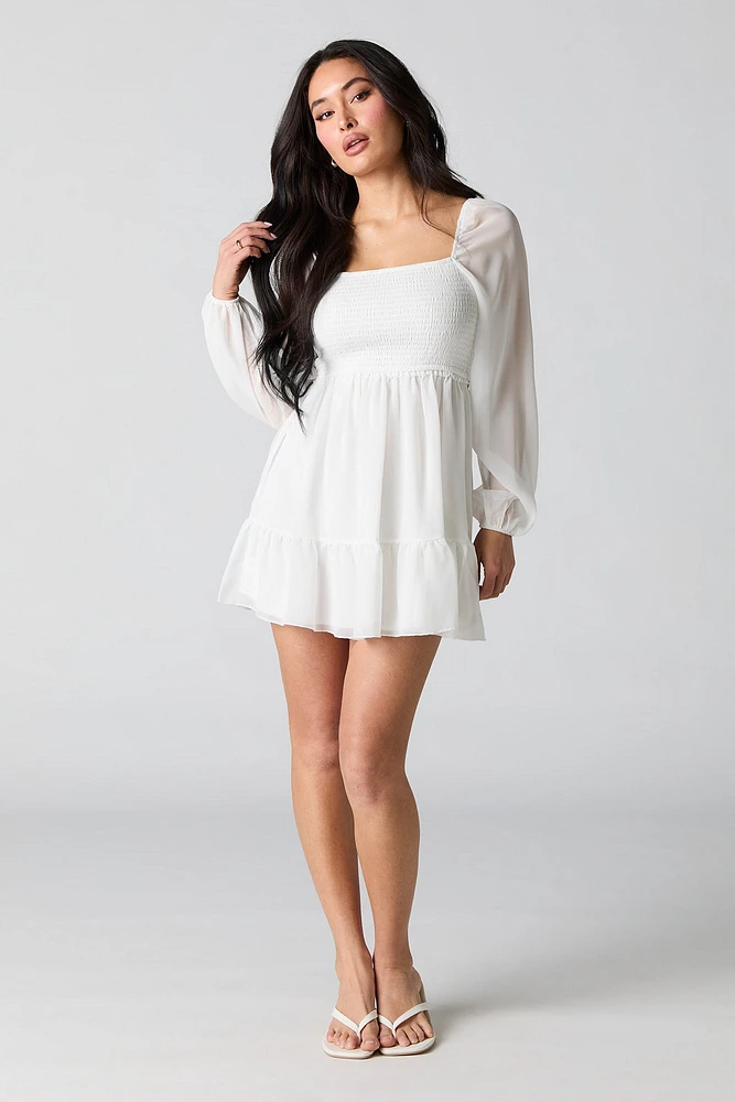 Smocked Tiered Long Sleeve Mini Dress