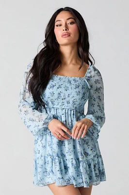 Smocked Tiered Long Sleeve Mini Dress