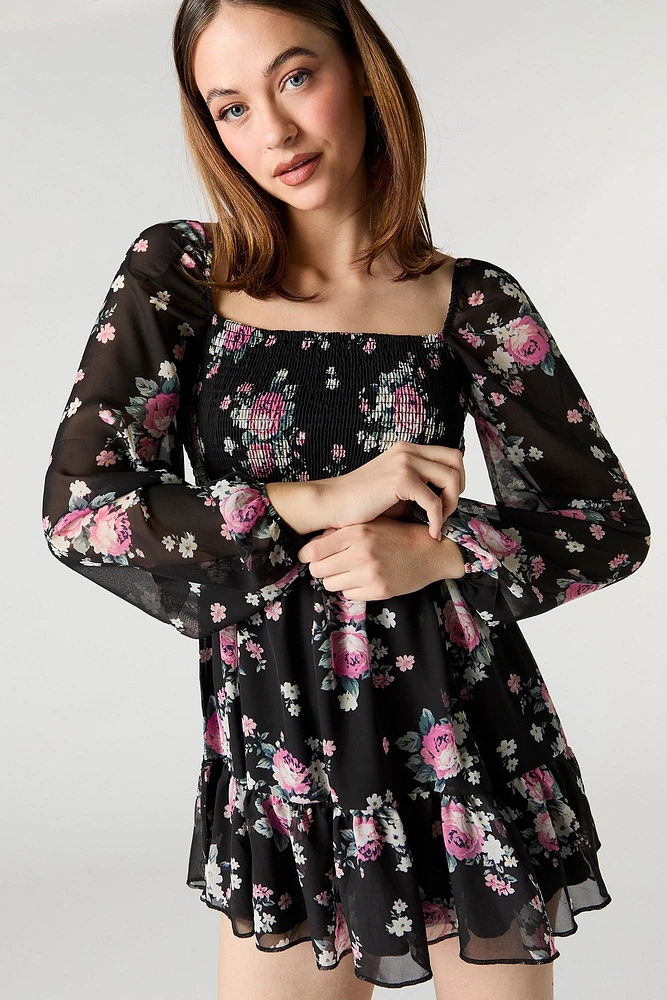 Floral Chiffon Smocked Long Sleeve Mini Dress