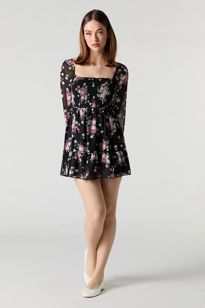 Floral Chiffon Smocked Long Sleeve Mini Dress