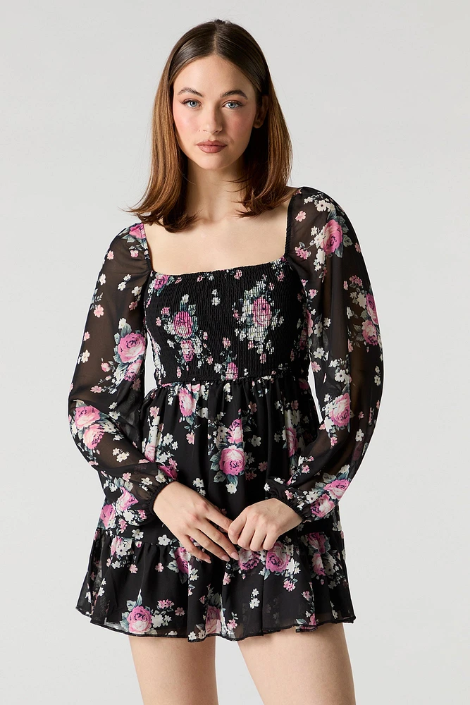 Floral Chiffon Smocked Long Sleeve Mini Dress