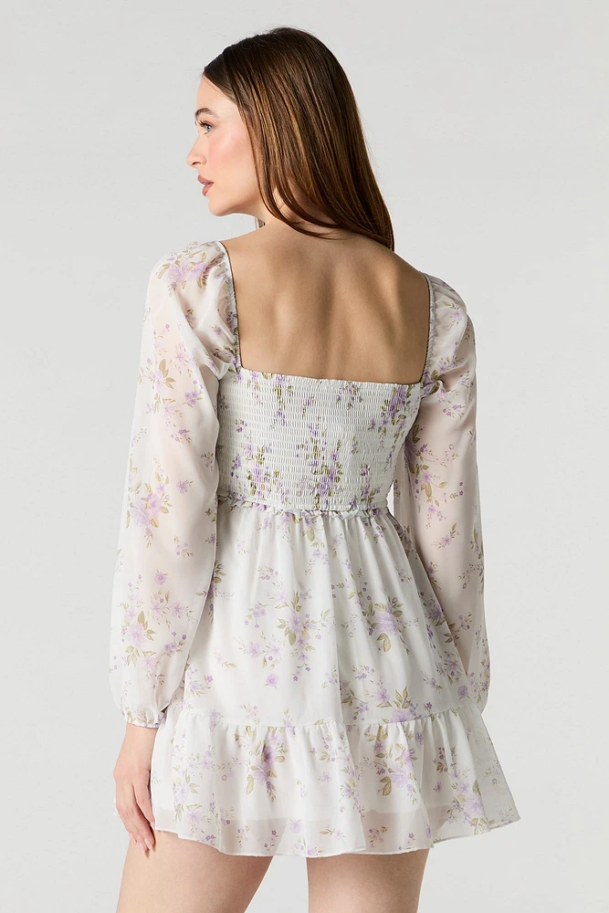 Minirobe en mousseline plissée à manche longue et imprimé floral