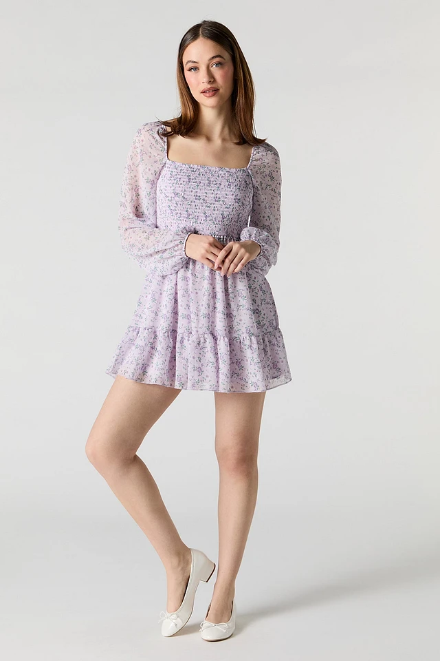 Urban Planet x Sirens Floral Chiffon Smocked Long Sleeve Mini Dress