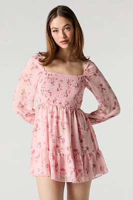 Floral Chiffon Smocked Long Sleeve Mini Dress