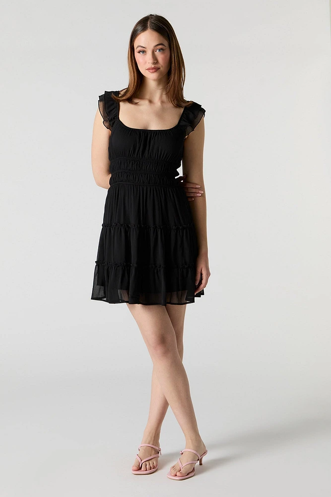 Chiffon Tiered Flutter Sleeve Mini Dress