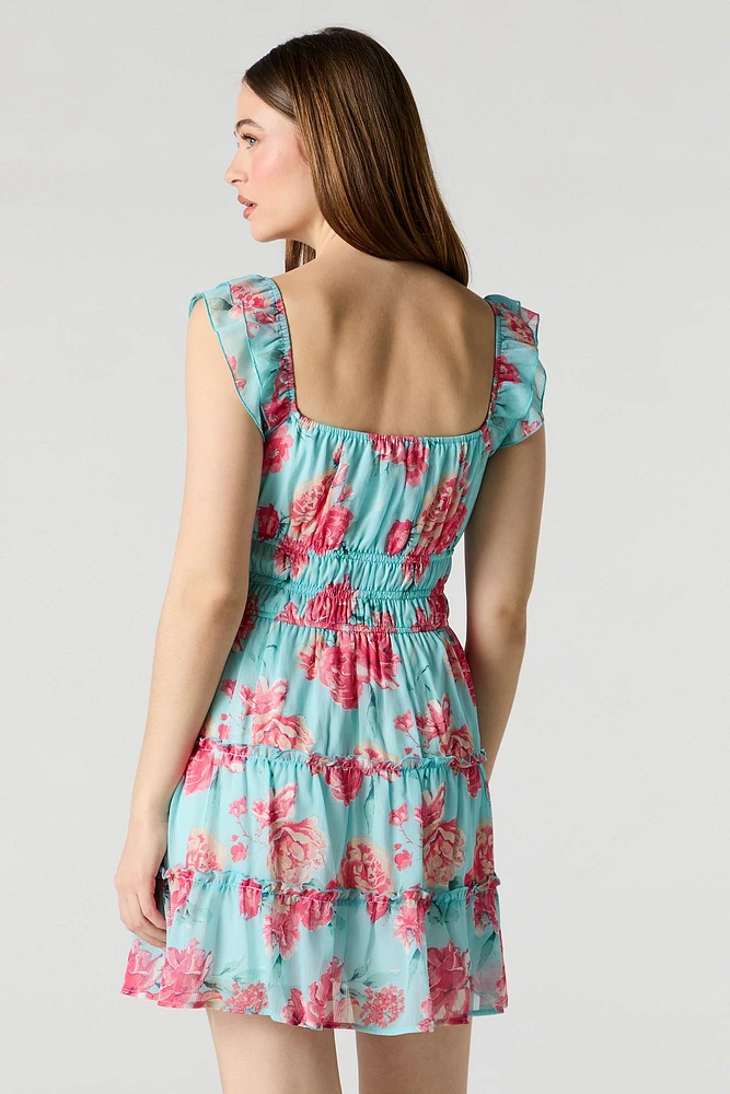 Chiffon Tiered Flutter Sleeve Mini Dress