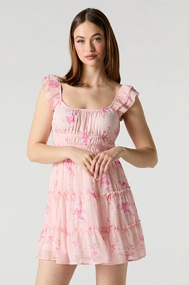 Chiffon Tiered Flutter Sleeve Mini Dress