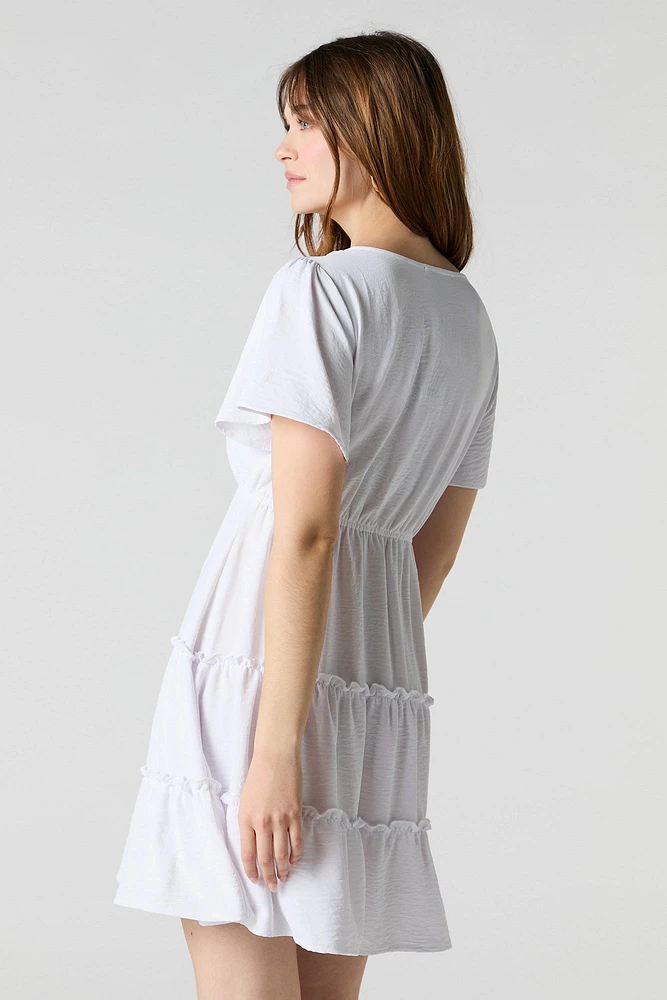 Button Front Short Sleeve Tiered Mini Dress
