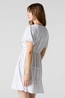 Button Front Short Sleeve Tiered Mini Dress
