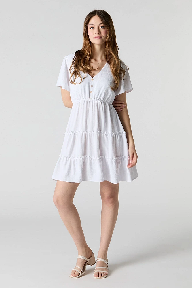 Button Front Short Sleeve Tiered Mini Dress