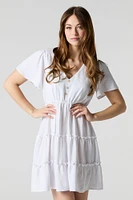 Button Front Short Sleeve Tiered Mini Dress
