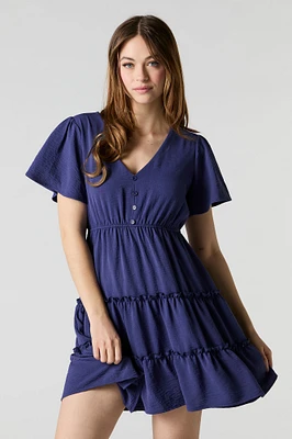 Button Front Short Sleeve Tiered Mini Dress