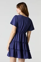 Button Front Short Sleeve Tiered Mini Dress