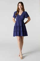 Button Front Short Sleeve Tiered Mini Dress