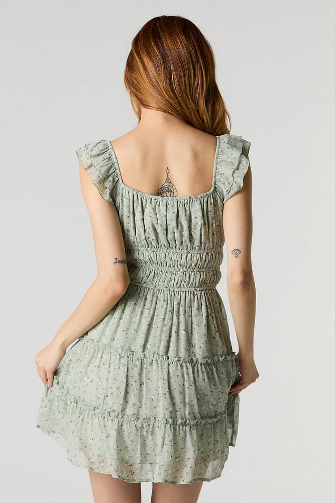 Chiffon Floral Flutter Sleeve Mini Dress