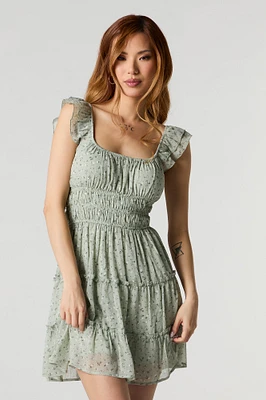 Chiffon Floral Flutter Sleeve Mini Dress