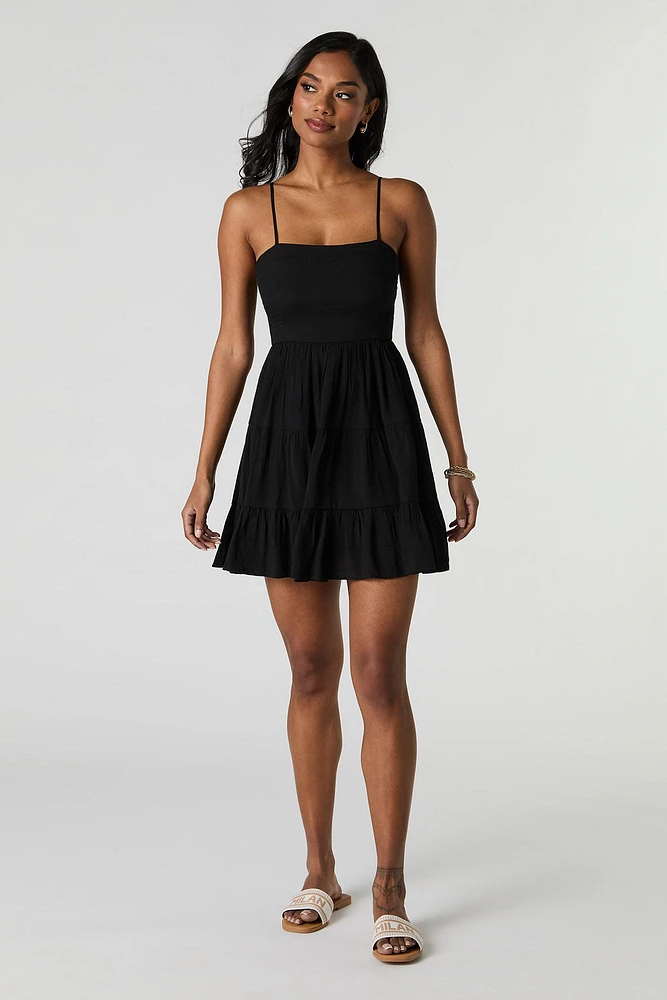 Tie Back Tiered Mini Dress with Built-In Cups
