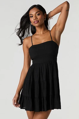 Tie Back Tiered Mini Dress with Built-In Cups