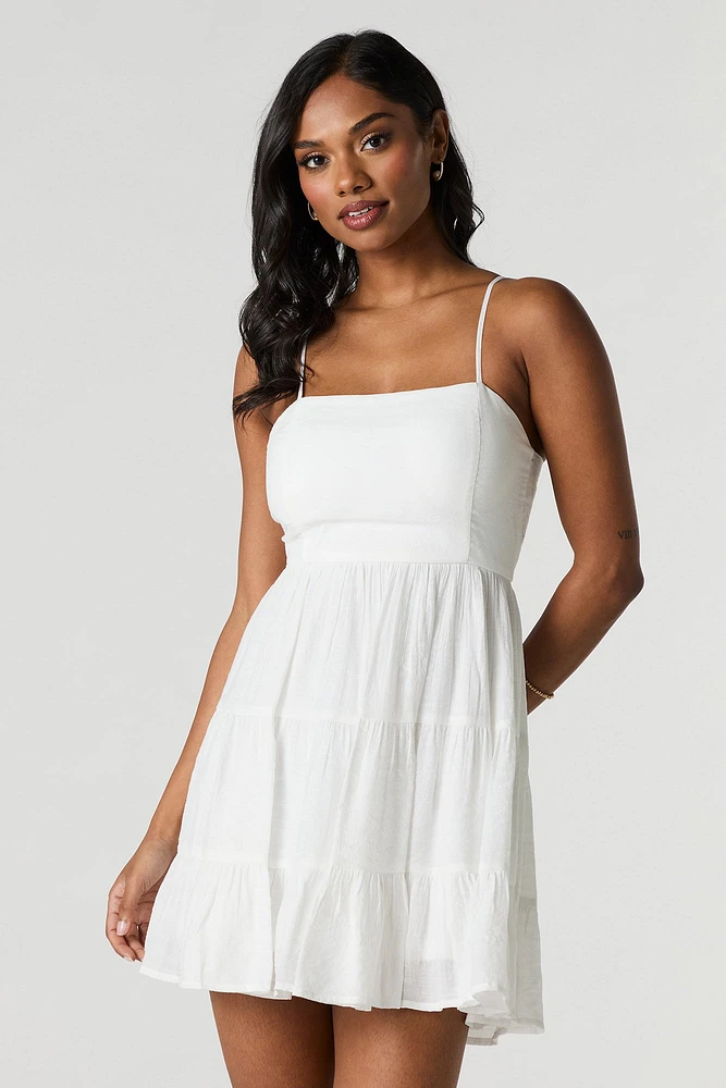 Tie Back Tiered Mini Dress with Built-In Cups